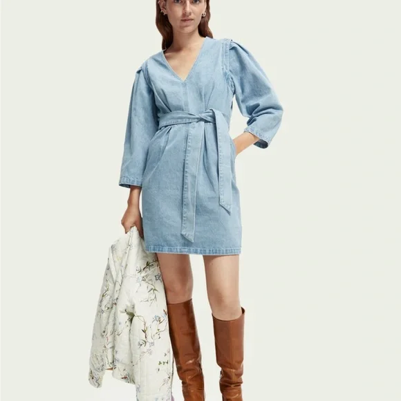 Scotch & Soda V-Neck Belted Denim Mini Dress